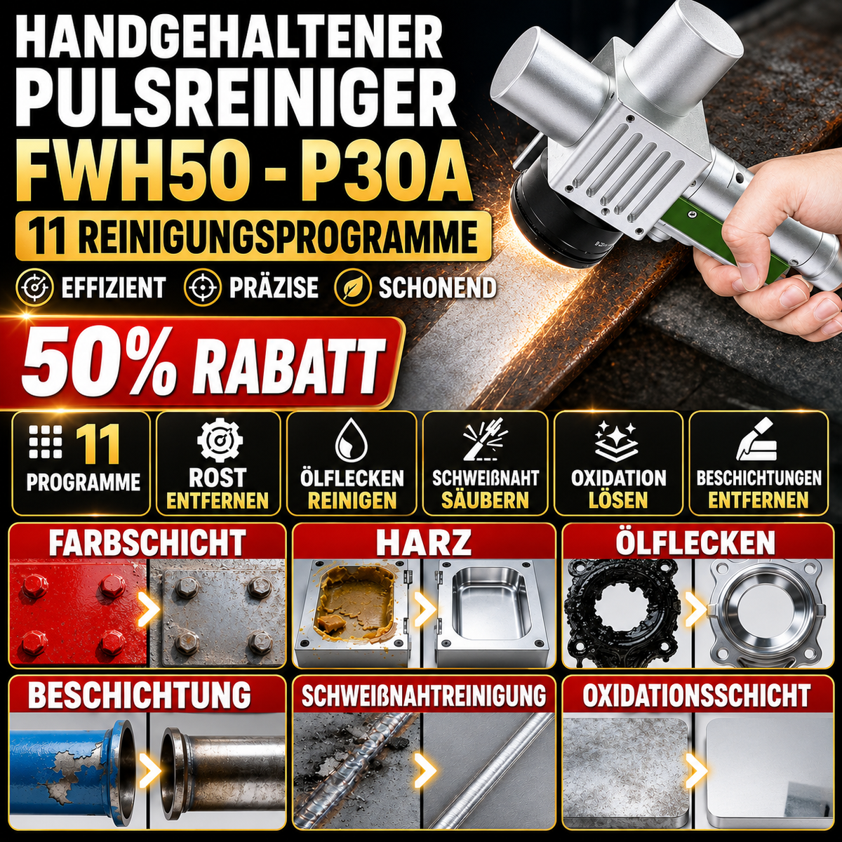FWH50-P30A: 11 Reinigungsprogramme für vielseitige Anwendungen.